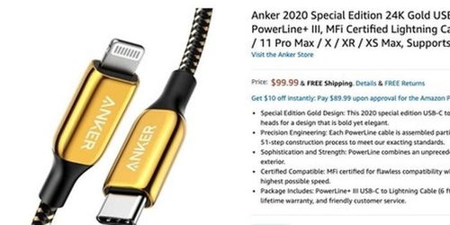 亮眼之选 Anker 24k镀金苹果数据线717元，奢华与实用并重